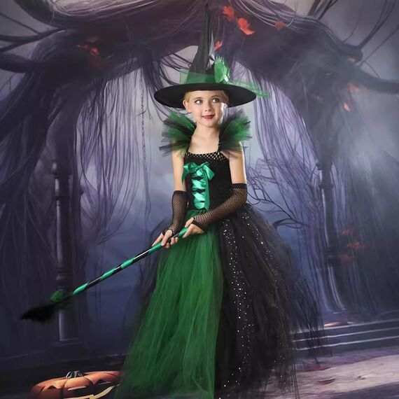 Generisch Hexenkostüm Kinder - Hexenkostüm Mädchen Set 4-Teilig：Hexenhut,Tasche,Kleid Mit Zauberstab Cosplay Elegant Witch Costume Hexe Kostüm Für Faschingskostüme Karneval Kostüm Party
