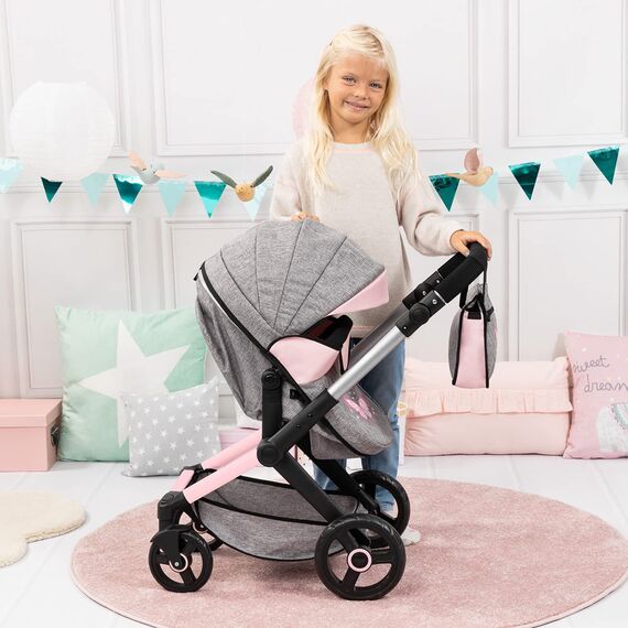 Bayer Design 17033AA Puppenwagen Xeo mit Tasche, höhenverstellbarer Griff, Schwenkschieber, wandelbar als Puppenjogger, bewegliche Vorderräder, integrierter Korb