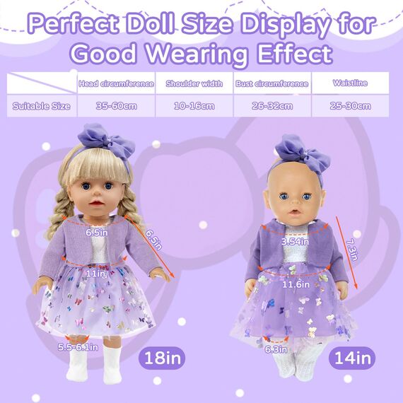 Xerteam 4 teilig Lila Puppenkleidung für 36-43cm Mädchen Puppe, Puppezubehör Mantel Puppen Kleider Socken Schmetterling Stirnband für 16-18 Zoll Baby Puppe, Puppensachen Set Geschenk Kinder