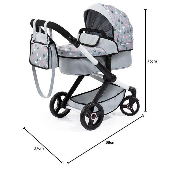 Bayer Design 17007AA Puppenwagen Xeo mit Tasche, höhenverstellbarer Griff, Schwenkschieber, wandelbar als Puppenjogger, bewegliche Vorderräder, integrierter Korb, Grau, Weiß, Rosa