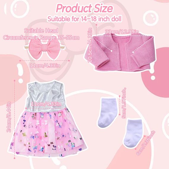 Xerteam Rosa Puppenkleider, Puppenkleidung 43cm 36cm 38cm, Puppenkleid mit Tüll und Schmetterling Strickjacke Socke mit Schleife Stirnband, Süße Puppenkleidung für Mädchengeburtstag