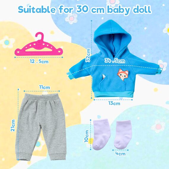Baby Puppen Puppenkleidung 35-43 cm, Kleidung Outfits für Baby Puppen, 1 Animal Element Kapuzensweatshirt+ 1 graue Hose + 1 Paar Socken +1 Hänger, Puppenkleidungsset Geschenk für Kinder Mädchen Jungen