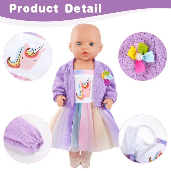 Aolso Puppenkleidungsset, 14–18 Zoll Puppenkleidung, Puppenzubehör passend für 35–45 cm, Babypuppenkleidung mit 1 Kleiderbügel, Geburtstagsgeschenk für Mädchen (Einhornkleid)