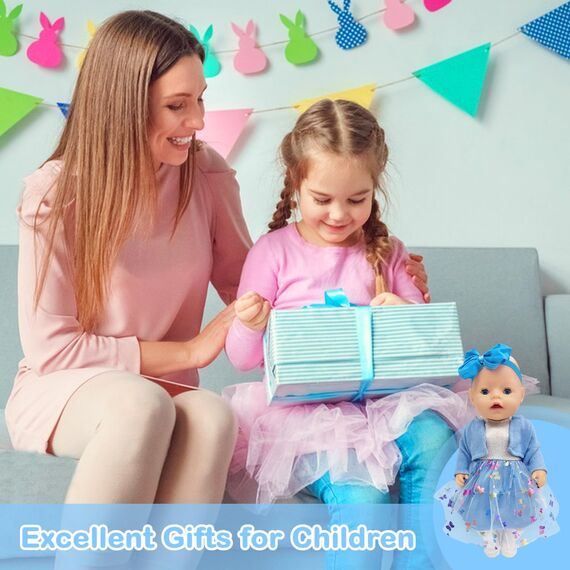 Babypuppenkleidung für 14-18 Zoll Babypuppen, 4 Stück Süßes Puppenkleidung 35-43cm Outfit mit Blauem Mantel + Schleife Gazerock + Schmetterlingsschleife Stirnband + Socken, Neue Puppenkleidung Zubehör