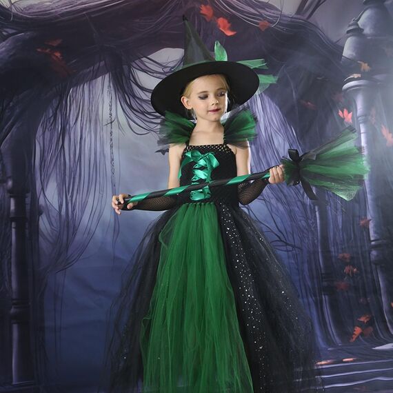 Generisch Hexenkostüm Kinder - Hexenkostüm Mädchen Set 4-Teilig：Hexenhut,Tasche,Kleid Mit Zauberstab Cosplay Elegant Witch Costume Hexe Kostüm Für Faschingskostüme Karneval Kostüm Party