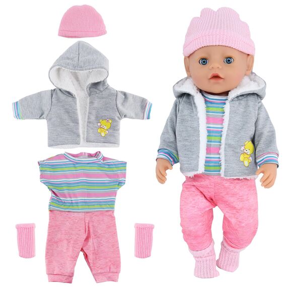 Baby Puppen Puppenkleidung 35-43 cm 1 graue Jacke + 1 gestreifter Pullover + 1 Strickmütze + 1 Paar Socken, Kleidung Outfits für Baby Kinder Mädchen Jungen (Puppe Nicht enthalten)