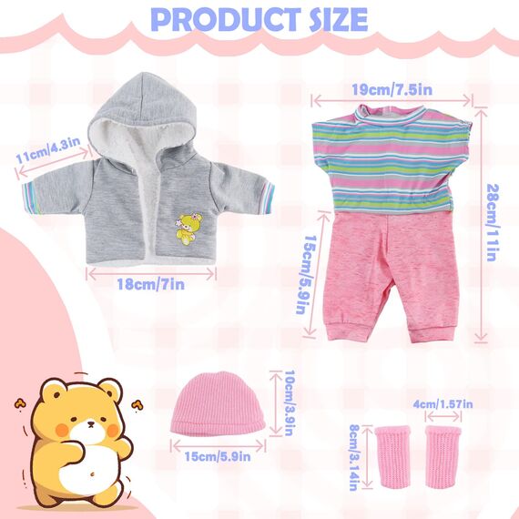 Baby Puppen Puppenkleidung 35-43 cm 1 graue Jacke + 1 gestreifter Pullover + 1 Strickmütze + 1 Paar Socken, Kleidung Outfits für Baby Kinder Mädchen Jungen (Puppe Nicht enthalten)