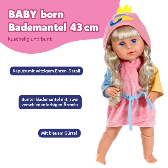 BABY born Bademantel - Mit Enten-Kapuze & verschiedenfarbigen Ärmeln - Hochwertiges Puppenzubehör - Kleidung geeignet für Puppen der Größe 43 cm