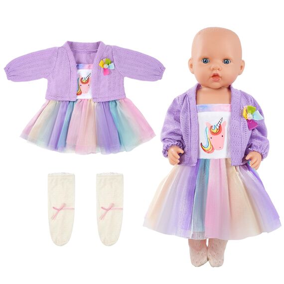 Aolso Puppenkleidungsset, 14–18 Zoll Puppenkleidung, Puppenzubehör passend für 35–45 cm, Babypuppenkleidung mit 1 Kleiderbügel, Geburtstagsgeschenk für Mädchen (Einhornkleid)
