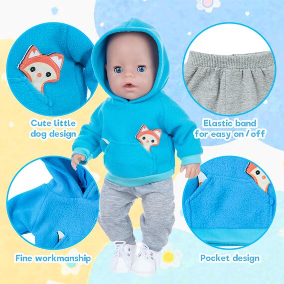 Baby Puppen Puppenkleidung 35-43 cm, Kleidung Outfits für Baby Puppen, 1 Animal Element Kapuzensweatshirt+ 1 graue Hose + 1 Paar Socken +1 Hänger, Puppenkleidungsset Geschenk für Kinder Mädchen Jungen