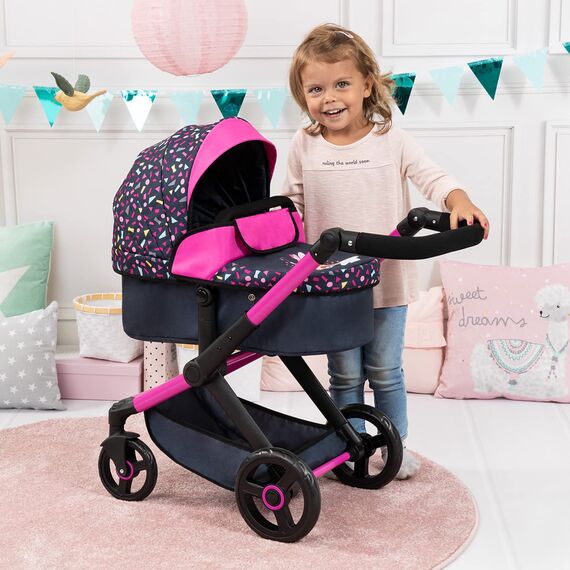 Bayer Design 17080AA Puppenwagen Xeo mit Tasche, höhenverstellbarer Griff, Schwenkschieber, wandelbar als Puppenjogger, bewegliche Vorderräder, integrierter Korb