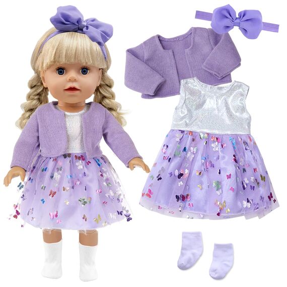 Xerteam 4 teilig Lila Puppenkleidung für 36-43cm Mädchen Puppe, Puppezubehör Mantel Puppen Kleider Socken Schmetterling Stirnband für 16-18 Zoll Baby Puppe, Puppensachen Set Geschenk Kinder