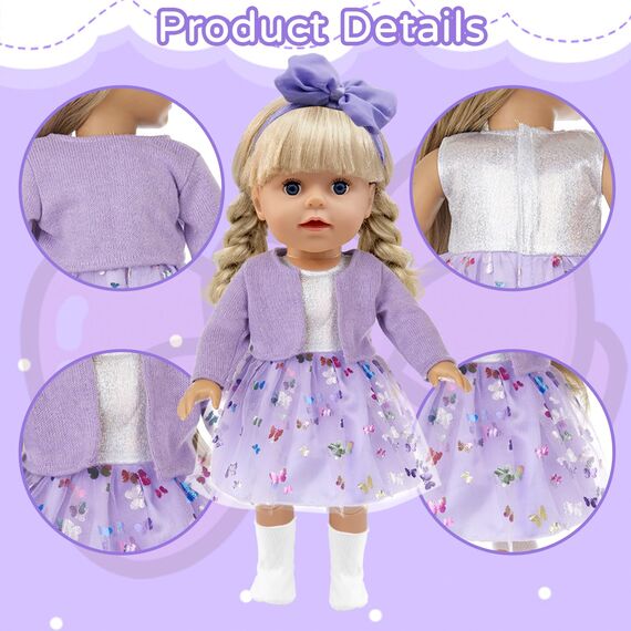 Xerteam 4 teilig Lila Puppenkleidung für 36-43cm Mädchen Puppe, Puppezubehör Mantel Puppen Kleider Socken Schmetterling Stirnband für 16-18 Zoll Baby Puppe, Puppensachen Set Geschenk Kinder