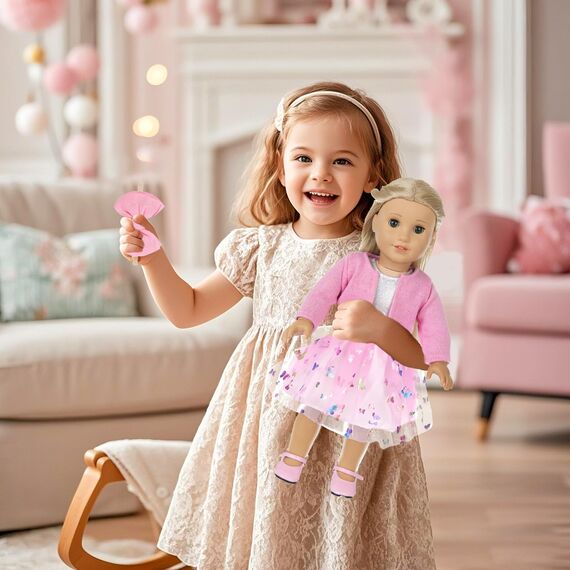 Xerteam Rosa Puppenkleider, Puppenkleidung 43cm 36cm 38cm, Puppenkleid mit Tüll und Schmetterling Strickjacke Socke mit Schleife Stirnband, Süße Puppenkleidung für Mädchengeburtstag