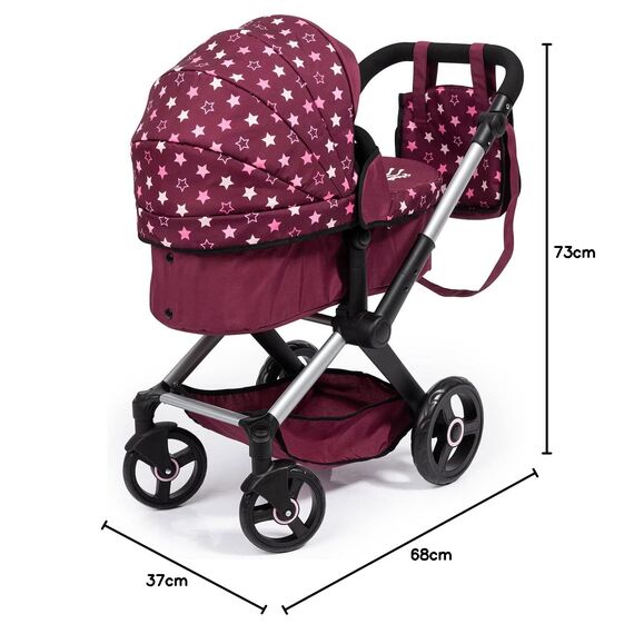 Bayer Design 17023AA Puppenwagen Xeo mit Tasche, höhenverstellbarer Griff, Schwenkschieber, wandelbar als Puppenjogger, bewegliche Vorderräder, integrierter Korb, Bordeaux, Rosa