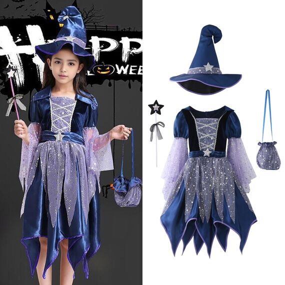 Generisch Hexenkostüm Kinder - Hexenkostüm Mädchen Set 4-Teilig：Hexenhut,Tasche,Kleid Mit Zauberstab Cosplay Elegant Witch Costume Hexe Kostüm Für Faschingskostüme Karneval Kostüm Party