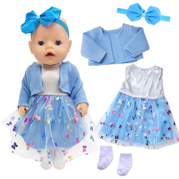 Babypuppenkleidung für 14-18 Zoll Babypuppen, 4 Stück Süßes Puppenkleidung 35-43cm Outfit mit Blauem Mantel + Schleife Gazerock + Schmetterlingsschleife Stirnband + Socken, Neue Puppenkleidung Zubehör