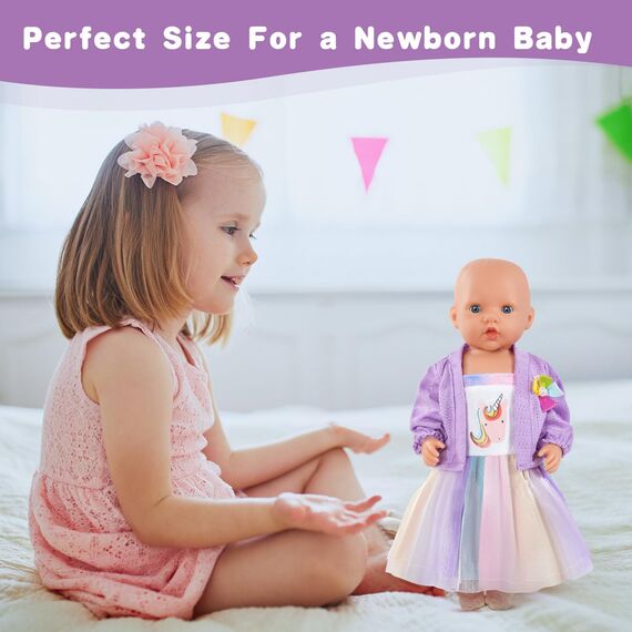 Aolso Puppenkleidungsset, 14–18 Zoll Puppenkleidung, Puppenzubehör passend für 35–45 cm, Babypuppenkleidung mit 1 Kleiderbügel, Geburtstagsgeschenk für Mädchen (Einhornkleid)