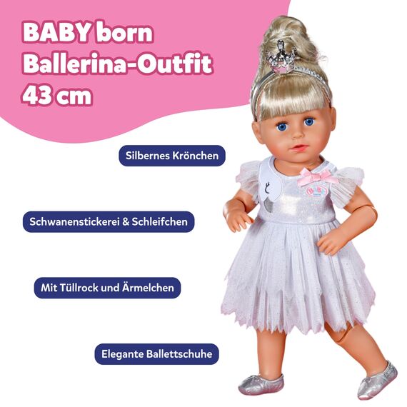 BABY born Ballerina-Outfit - Body & Tüll-Rock mit Schwanen-Stickerei - Inkl. Haarreif mit Krone & Schuhen - Hochwertiges Puppenzubehör - Kleidung geeignet für Puppen der Größe 43 cm