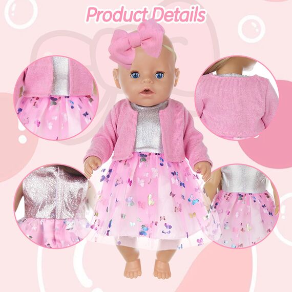 Xerteam Rosa Puppenkleider, Puppenkleidung 43cm 36cm 38cm, Puppenkleid mit Tüll und Schmetterling Strickjacke Socke mit Schleife Stirnband, Süße Puppenkleidung für Mädchengeburtstag