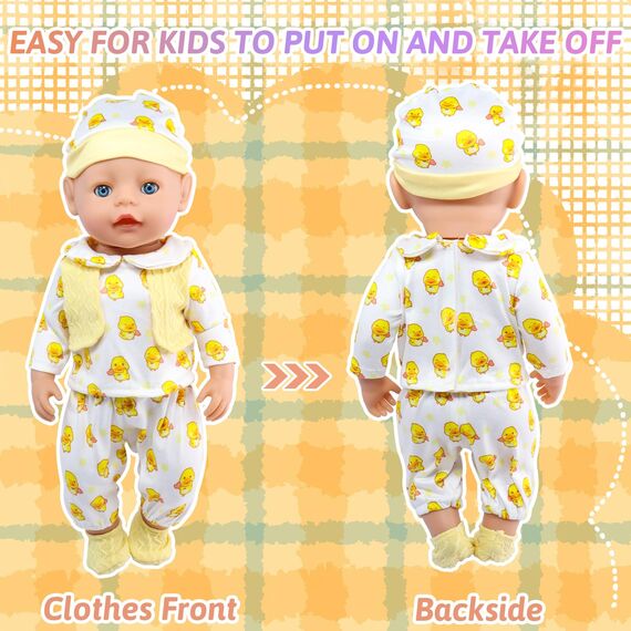 Baby Puppen Puppenkleidung 35-43 cm 1 Oberteil + 1 Hose + 1 Hut + 1 Paar Socken, Kleine gelbe Ente Kleidung Outfits für Baby Kinder Mädchen Jungen (Puppe Nicht enthalten)