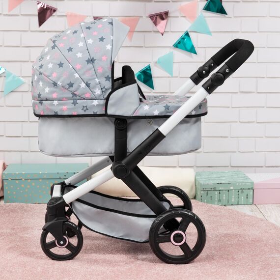 Bayer Design 17007AA Puppenwagen Xeo mit Tasche, höhenverstellbarer Griff, Schwenkschieber, wandelbar als Puppenjogger, bewegliche Vorderräder, integrierter Korb, Grau, Weiß, Rosa