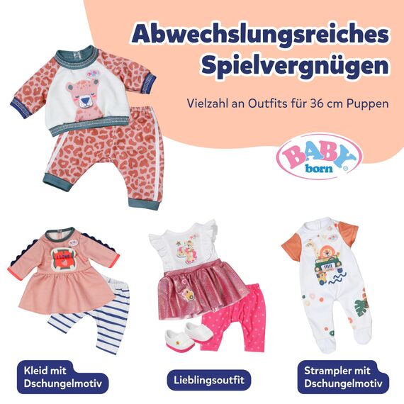 BABY Born Jogginganzug mit Dschungelmotiv zum Aufklappen, Sweatshirt & Leo-Hose - Hochwertiges Puppenzubehör - Kleidung geeignet für alle Puppen der Größe 36 cm