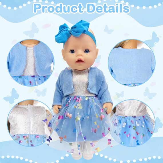 Babypuppenkleidung für 14-18 Zoll Babypuppen, 4 Stück Süßes Puppenkleidung 35-43cm Outfit mit Blauem Mantel + Schleife Gazerock + Schmetterlingsschleife Stirnband + Socken, Neue Puppenkleidung Zubehör