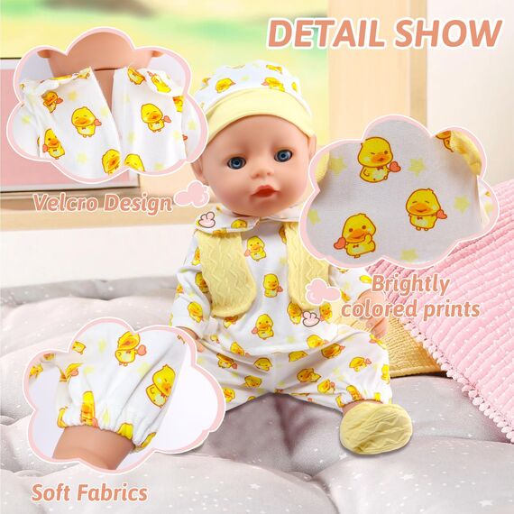 Baby Puppen Puppenkleidung 35-43 cm 1 Oberteil + 1 Hose + 1 Hut + 1 Paar Socken, Kleine gelbe Ente Kleidung Outfits für Baby Kinder Mädchen Jungen (Puppe Nicht enthalten)
