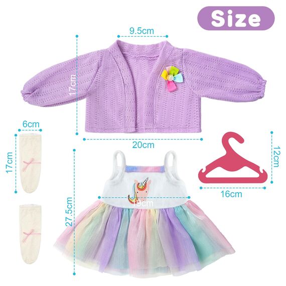Aolso Puppenkleidungsset, 14–18 Zoll Puppenkleidung, Puppenzubehör passend für 35–45 cm, Babypuppenkleidung mit 1 Kleiderbügel, Geburtstagsgeschenk für Mädchen (Einhornkleid)