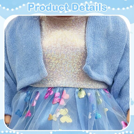 Babypuppenkleidung für 14-18 Zoll Babypuppen, 4 Stück Süßes Puppenkleidung 35-43cm Outfit mit Blauem Mantel + Schleife Gazerock + Schmetterlingsschleife Stirnband + Socken, Neue Puppenkleidung Zubehör