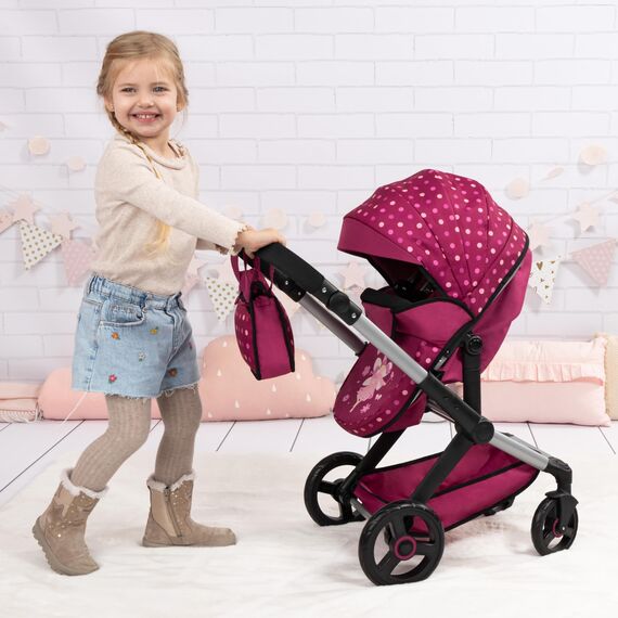 Bayer Design 17067AA Puppenwagen Xeo mit Tasche, höhenverstellbarer Griff, Schwenkschieber, wandelbar als Puppenjogger, bewegliche Vorderräder, integrierter Korb, Bordeaux Fee