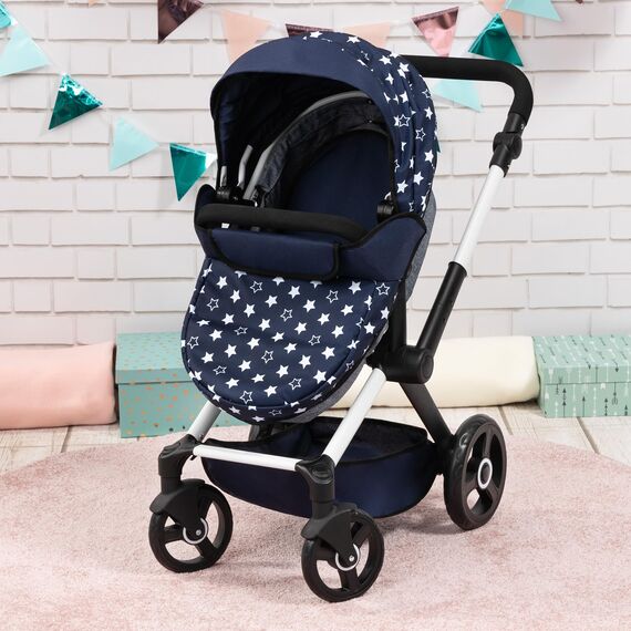 Bayer Design 17015AA Puppenwagen Xeo mit Tasche, höhenverstellbarer Griff, Schwenkschieber, wandelbar als Puppenjogger, bewegliche Vorderräder, integrierter Korb, Blau, Weiß