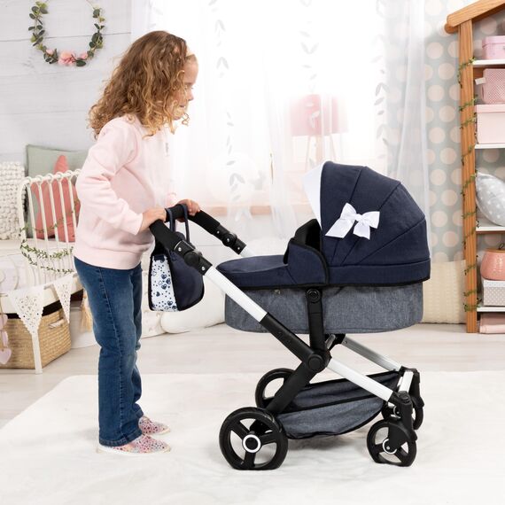 Bayer Design 17081AA Puppenwagen Xeo mit Tasche, höhenverstellbarer Griff, Schwenkschieber, wandelbar als Puppenjogger, bewegliche Vorderräder, integrierter Korb, Blue
