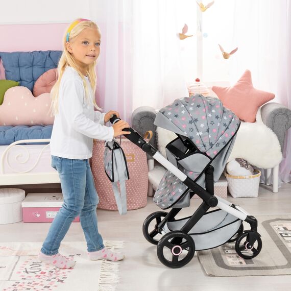 Bayer Design 17007AA Puppenwagen Xeo mit Tasche, höhenverstellbarer Griff, Schwenkschieber, wandelbar als Puppenjogger, bewegliche Vorderräder, integrierter Korb, Grau, Weiß, Rosa