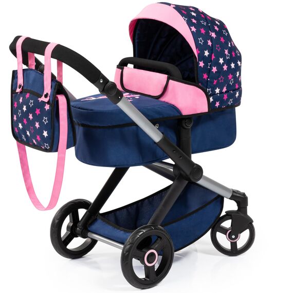 Bayer Design 17016AA Puppenwagen Xeo mit Tasche, höhenverstellbarer Griff, Schwenkschieber, wandelbar als Puppenjogger, bewegliche Vorderräder, integrierter Korb, Blau, Rosa, Weiß
