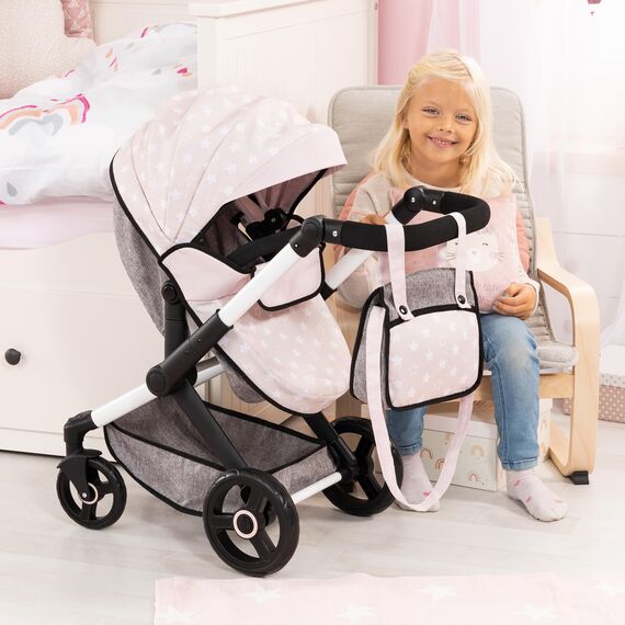 Bayer Design 17031AA Puppenwagen Xeo mit Tasche, höhenverstellbarer Griff, Schwenkschieber, wandelbar als Puppenjogger, bewegliche Vorderräder, integrierter Korb