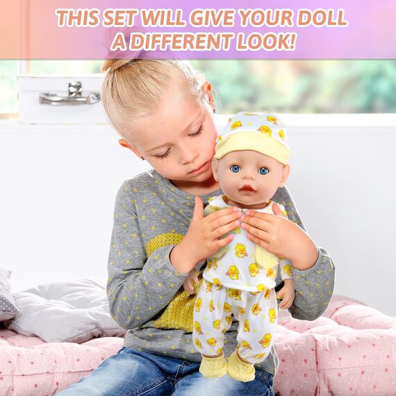 Baby Puppen Puppenkleidung 35-43 cm 1 Oberteil + 1 Hose + 1 Hut + 1 Paar Socken, Kleine gelbe Ente Kleidung Outfits für Baby Kinder Mädchen Jungen (Puppe Nicht enthalten)