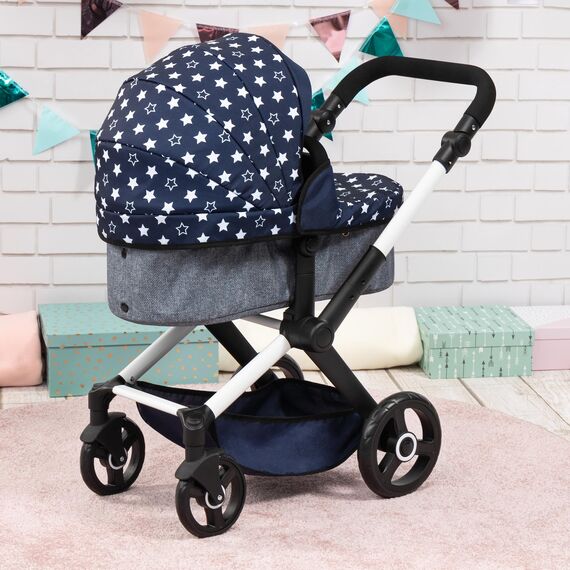 Bayer Design 17015AA Puppenwagen Xeo mit Tasche, höhenverstellbarer Griff, Schwenkschieber, wandelbar als Puppenjogger, bewegliche Vorderräder, integrierter Korb, Blau, Weiß