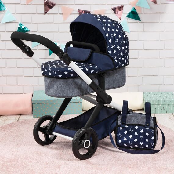 Bayer Design 17015AA Puppenwagen Xeo mit Tasche, höhenverstellbarer Griff, Schwenkschieber, wandelbar als Puppenjogger, bewegliche Vorderräder, integrierter Korb, Blau, Weiß