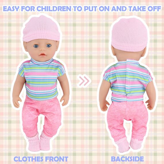 Baby Puppen Puppenkleidung 35-43 cm 1 graue Jacke + 1 gestreifter Pullover + 1 Strickmütze + 1 Paar Socken, Kleidung Outfits für Baby Kinder Mädchen Jungen (Puppe Nicht enthalten)