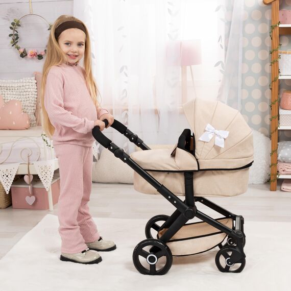 Bayer Design 17075AA Puppenwagen Xeo mit Tasche, höhenverstellbarer Griff, Schwenkschieber, wandelbar als Puppenjogger, bewegliche Vorderräder, integrierter Korb, Beige