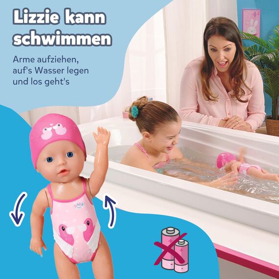BABY Born Schwimmende Lizzie 30cm, Aufzieh-Badepuppe, wasserfest, funktioniert ohne Batterien, 30 cm große Puppe, 834060 Zapf Creation