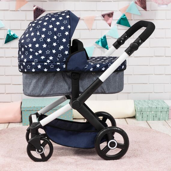 Bayer Design 17015AA Puppenwagen Xeo mit Tasche, höhenverstellbarer Griff, Schwenkschieber, wandelbar als Puppenjogger, bewegliche Vorderräder, integrierter Korb, Blau, Weiß