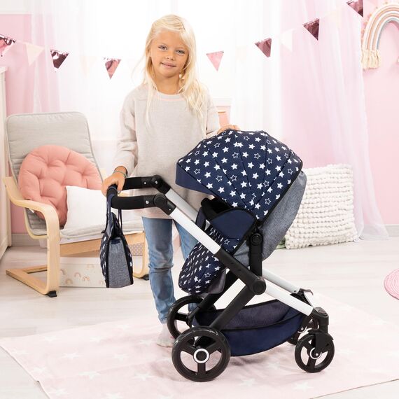 Bayer Design 17015AA Puppenwagen Xeo mit Tasche, höhenverstellbarer Griff, Schwenkschieber, wandelbar als Puppenjogger, bewegliche Vorderräder, integrierter Korb, Blau, Weiß