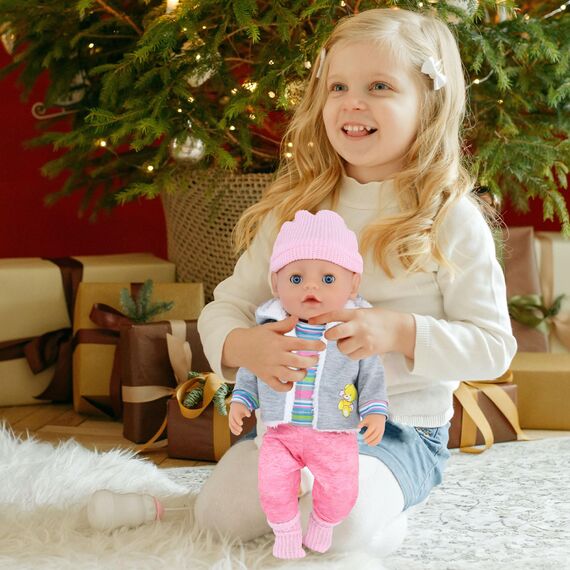 Baby Puppen Puppenkleidung 35-43 cm 1 graue Jacke + 1 gestreifter Pullover + 1 Strickmütze + 1 Paar Socken, Kleidung Outfits für Baby Kinder Mädchen Jungen (Puppe Nicht enthalten)