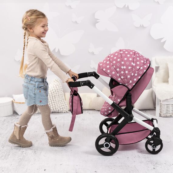 Bayer Design 17076AB Puppenwagen Xeo mit Tasche, höhenverstellbarer Griff, Schwenkschieber, wandelbar als Puppenjogger, bewegliche Vorderräder, integrierter Korb, Nordisches Rosa