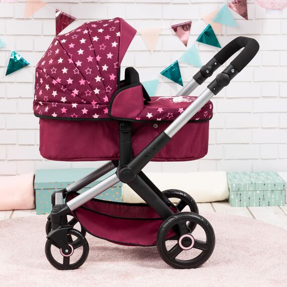 Bayer Design 17023AA Puppenwagen Xeo mit Tasche, höhenverstellbarer Griff, Schwenkschieber, wandelbar als Puppenjogger, bewegliche Vorderräder, integrierter Korb, Bordeaux, Rosa