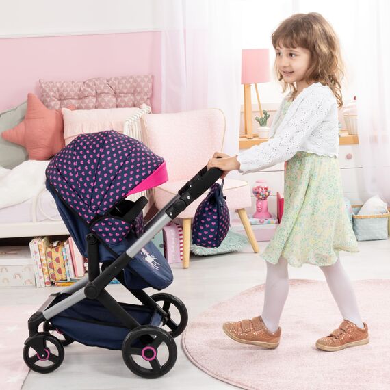 Bayer Design 17054AA Puppenwagen Xeo mit Tasche, höhenverstellbarer Griff, Schwenkschieber, wandelbar als Puppenjogger, bewegliche Vorderräder, integrierter Korb