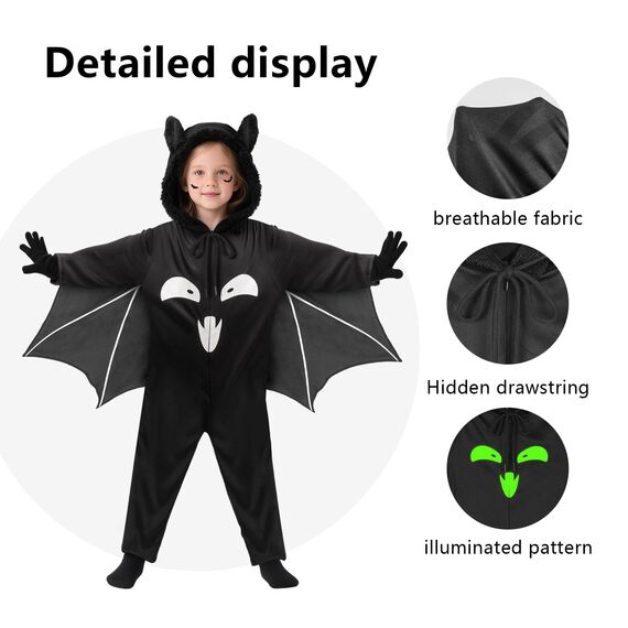 Fledermaus Kostüm Kinder,Unisex Halloween Kostüm Fledermaus Glow in the Dark mit Tattoo & Handschuhe,3-11 Jahre Fledermauskostüm Kinder Junge Mädchen Halloween Fledermausanzüge Karneval kostüme(M)